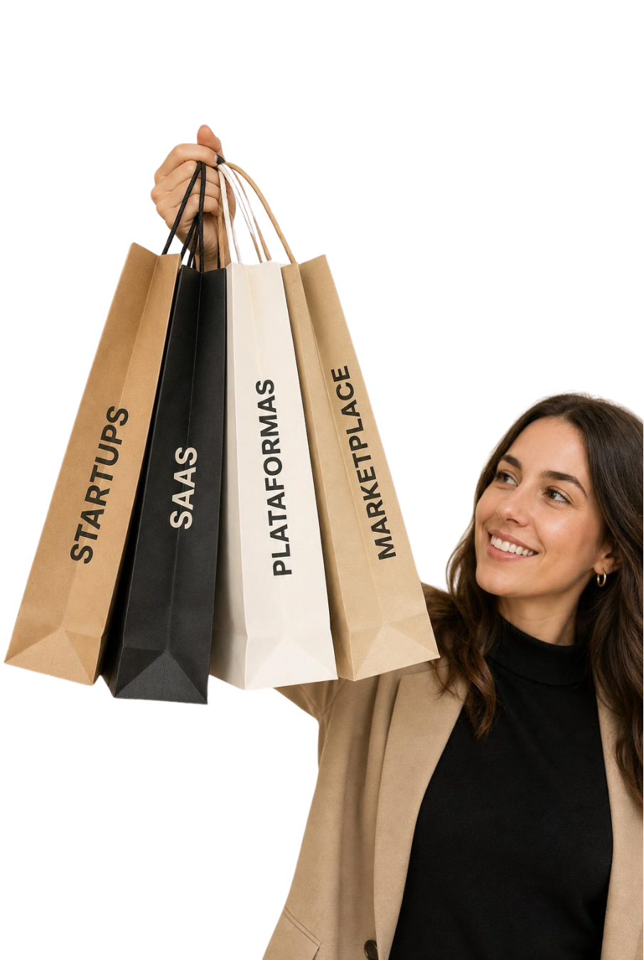 Mujer sosteniendo bolsas de shopping con las palabras Startups, SaaS, Plataformas y Marketplace